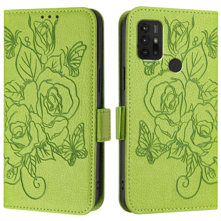 For Motorola Moto G10 Power Embossed Rose RFID Anti-theft Leather Phone Case(Green)