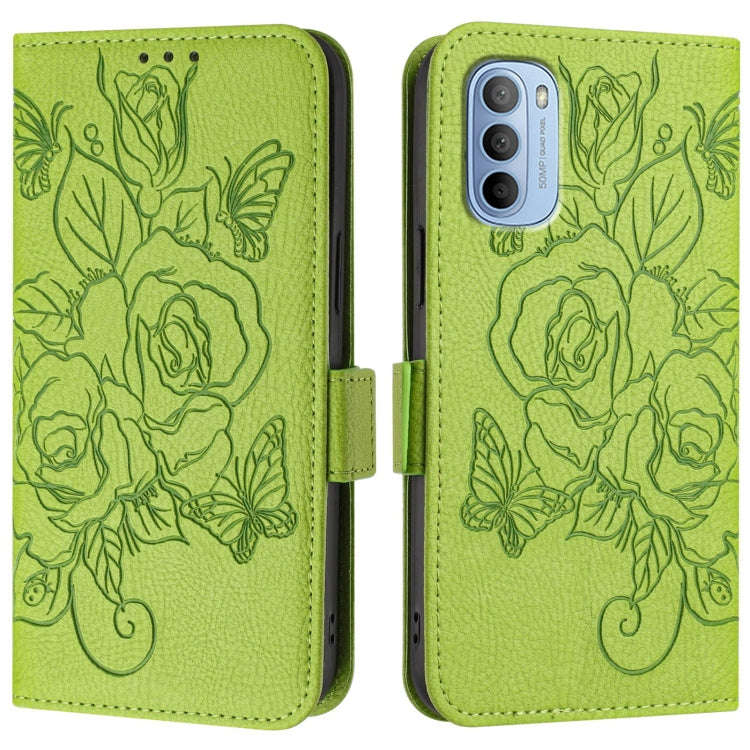 For Motorola Moto G31 4G / G41 4G Embossed Rose RFID Anti-theft Leather Phone Case(Green)