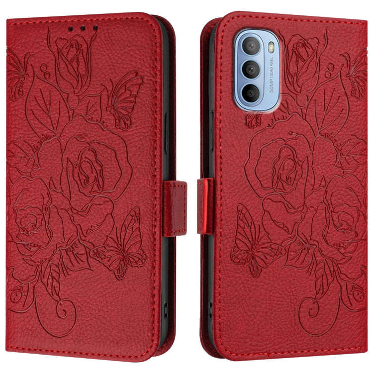 For Motorola Moto G31 4G / G41 4G Embossed Rose RFID Anti-theft Leather Phone Case(Red)