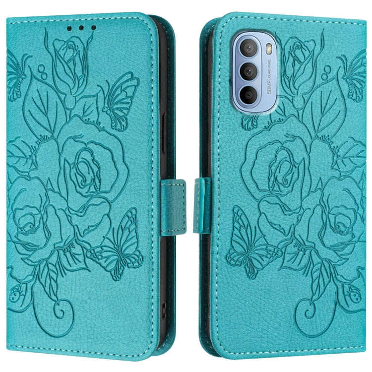 For Motorola Moto G31 4G / G41 4G Embossed Rose RFID Anti-theft Leather Phone Case(Light Blue)