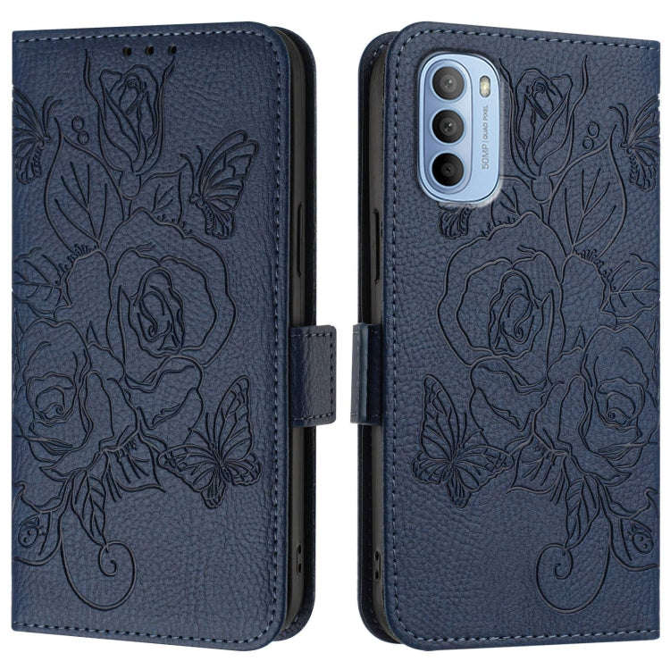 For Motorola Moto G31 4G / G41 4G Embossed Rose RFID Anti-theft Leather Phone Case(Dark Blue)