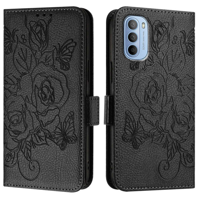 For Motorola Moto G31 4G / G41 4G Embossed Rose RFID Anti-theft Leather Phone Case(Black)