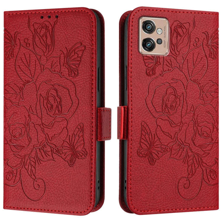 For Motorola Moto G32 Embossed Rose RFID Anti-theft Leather Phone Case(Red)
