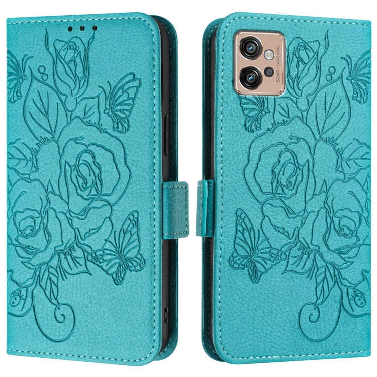 For Motorola Moto G32 Embossed Rose RFID Anti-theft Leather Phone Case(Light Blue)