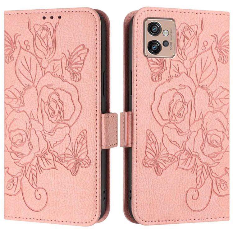 For Motorola Moto G32 Embossed Rose RFID Anti-theft Leather Phone Case(Pink)