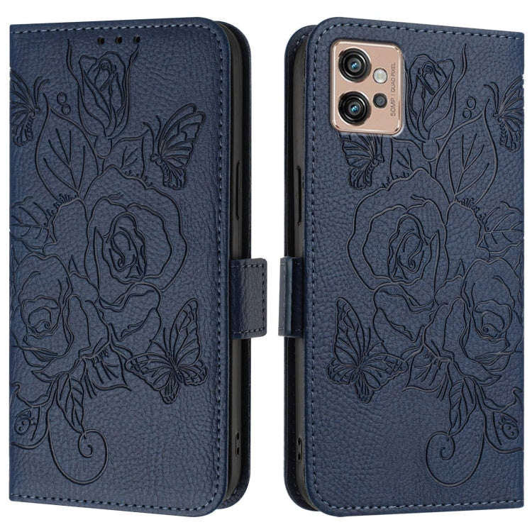 For Motorola Moto G32 Embossed Rose RFID Anti-theft Leather Phone Case(Dark Blue)