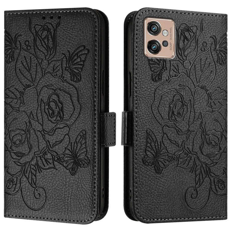 For Motorola Moto G32 Embossed Rose RFID Anti-theft Leather Phone Case(Black)