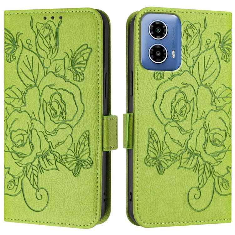 For Motorola Moto G34 Embossed Rose RFID Anti-theft Leather Phone Case(Green)