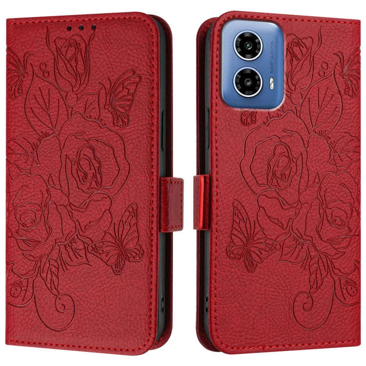 For Motorola Moto G34 Embossed Rose RFID Anti-theft Leather Phone Case(Red)