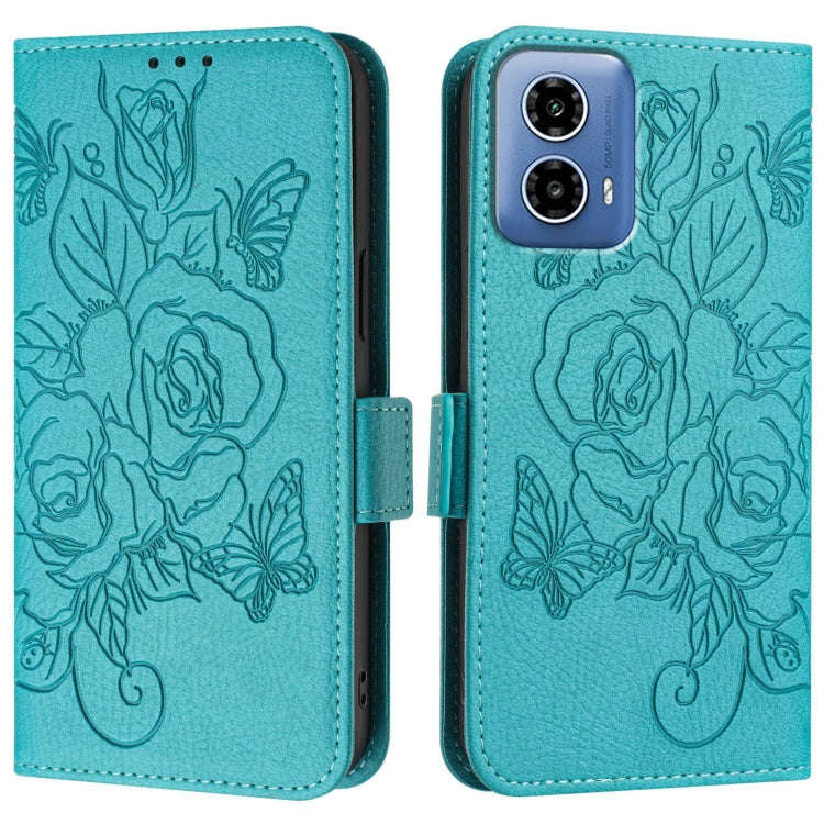 For Motorola Moto G34 Embossed Rose RFID Anti-theft Leather Phone Case(Light Blue)