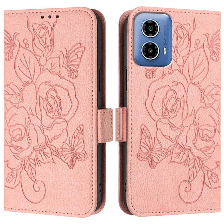 For Motorola Moto G34 Embossed Rose RFID Anti-theft Leather Phone Case(Pink)