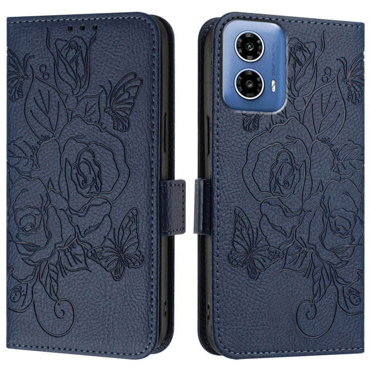 For Motorola Moto G34 Embossed Rose RFID Anti-theft Leather Phone Case(Dark Blue)