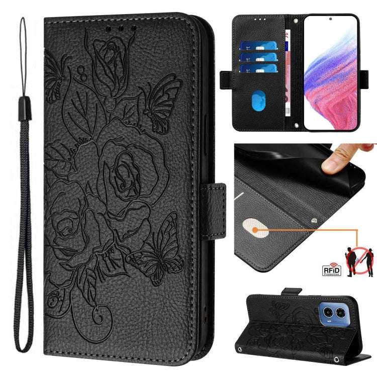 For Motorola Moto G34 Embossed Rose RFID Anti-theft Leather Phone Case(Black)