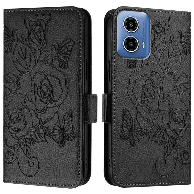 For Motorola Moto G34 Embossed Rose RFID Anti-theft Leather Phone Case(Black)