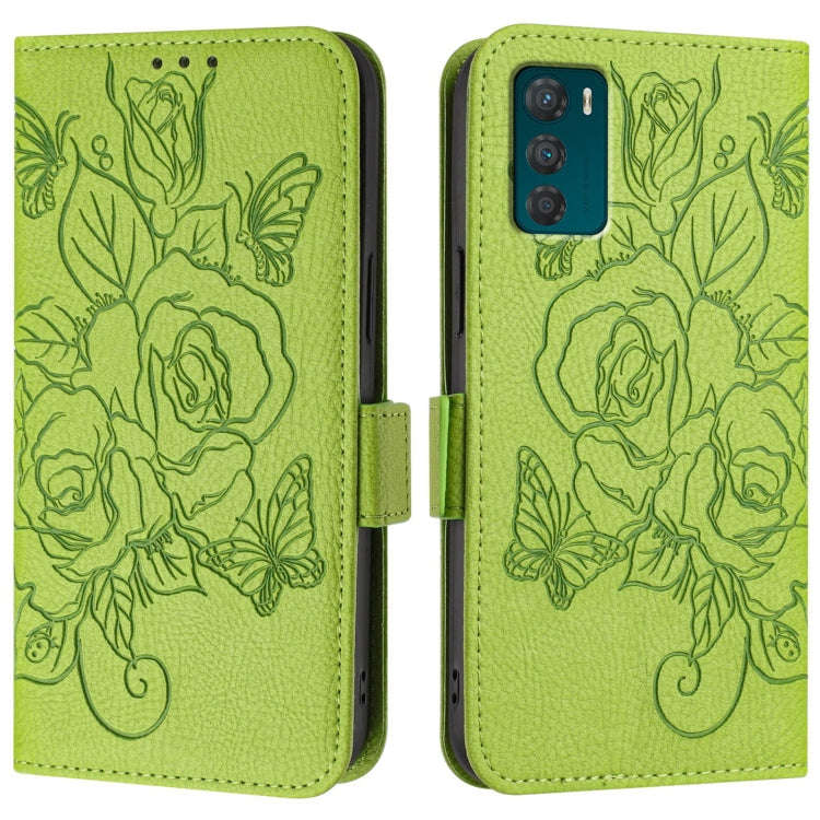 For Motorola Moto G42 Embossed Rose RFID Anti-theft Leather Phone Case(Green)