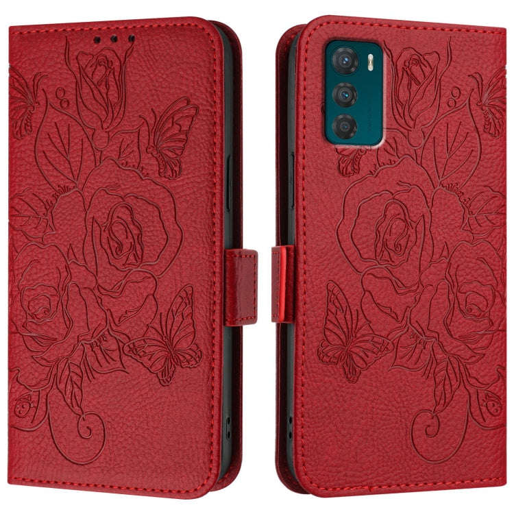 For Motorola Moto G42 Embossed Rose RFID Anti-theft Leather Phone Case(Red)