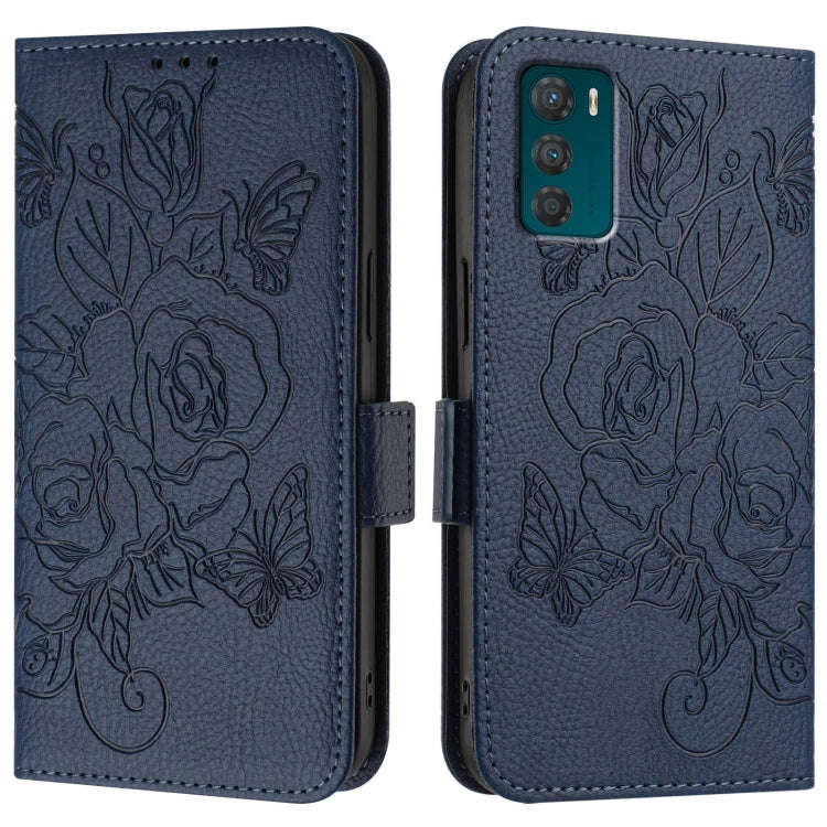 For Motorola Moto G42 Embossed Rose RFID Anti-theft Leather Phone Case(Dark Blue)