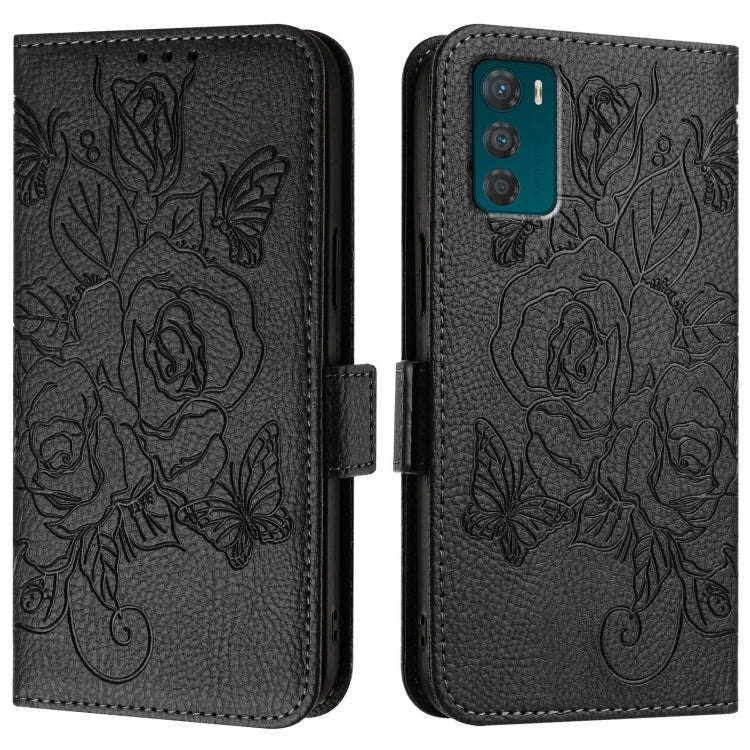 For Motorola Moto G42 Embossed Rose RFID Anti-theft Leather Phone Case(Black)
