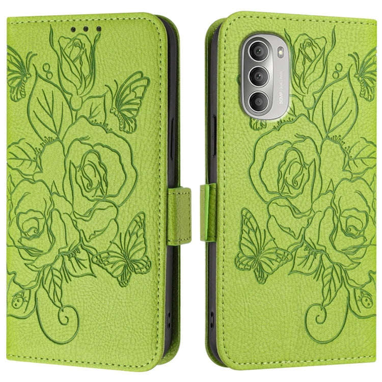 For Motorola Moto G51 5G Embossed Rose RFID Anti-theft Leather Phone Case(Green)