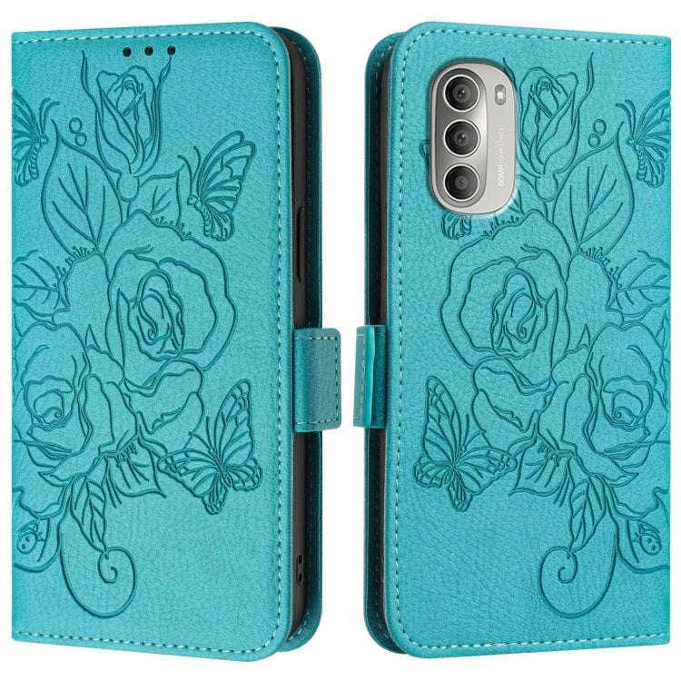 For Motorola Moto G51 5G Embossed Rose RFID Anti-theft Leather Phone Case(Light Blue)