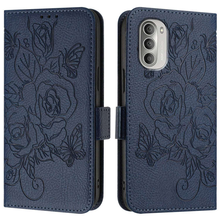 For Motorola Moto G51 5G Embossed Rose RFID Anti-theft Leather Phone Case(Dark Blue)