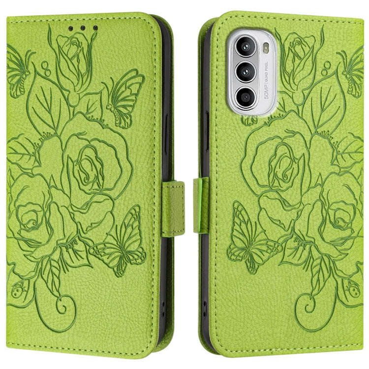 For Motorola Moto G52 4G / G82 5G / G71s 5G Embossed Rose RFID Anti-theft Leather Phone Case(Green)