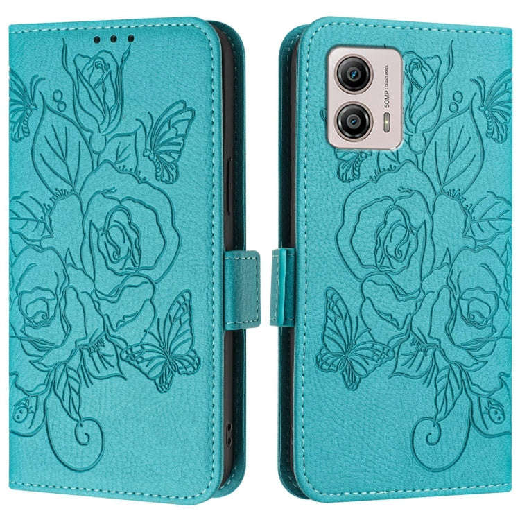 For Motorola Moto G53Y 5G / G53J 5G Embossed Rose RFID Anti-theft Leather Phone Case(Light Blue)