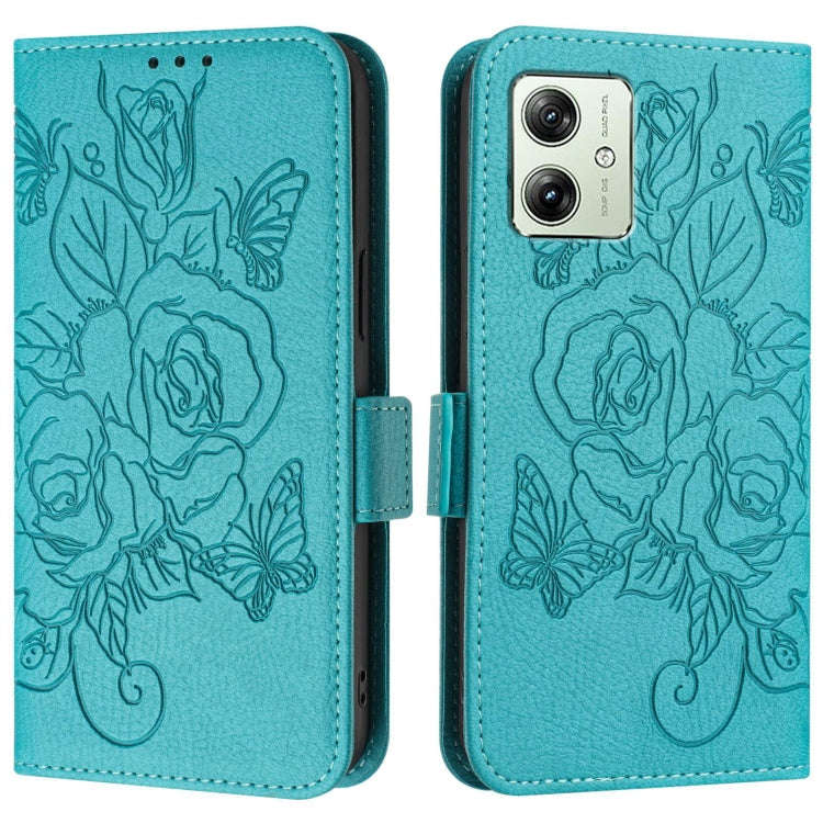 For Motorola Moto G54 5G EU / Brazilian Embossed Rose RFID Anti-theft Leather Phone Case(Light Blue)