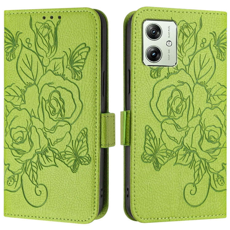 For Motorola Moto G54 5G India Embossed Rose RFID Anti-theft Leather Phone Case(Green)