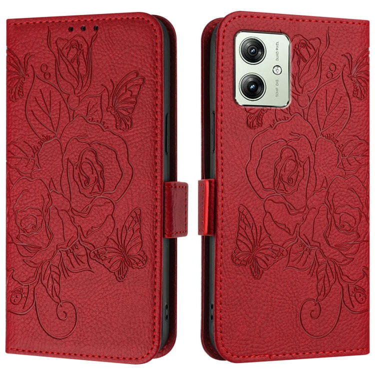 For Motorola Moto G54 5G India Embossed Rose RFID Anti-theft Leather Phone Case(Red)