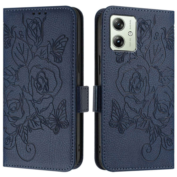 For Motorola Moto G54 5G India Embossed Rose RFID Anti-theft Leather Phone Case(Dark Blue)