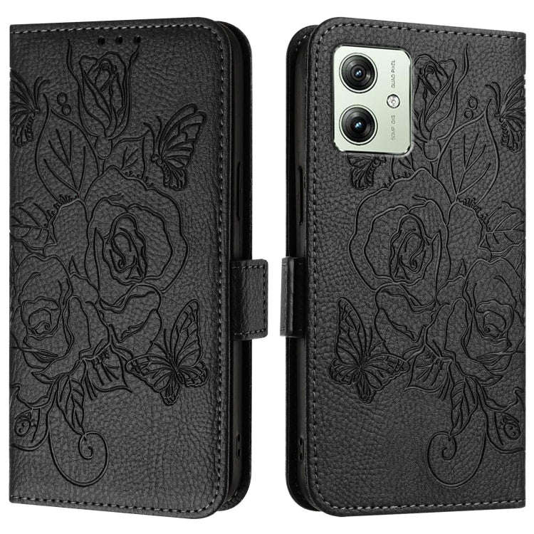 For Motorola Moto G54 5G India Embossed Rose RFID Anti-theft Leather Phone Case(Black)
