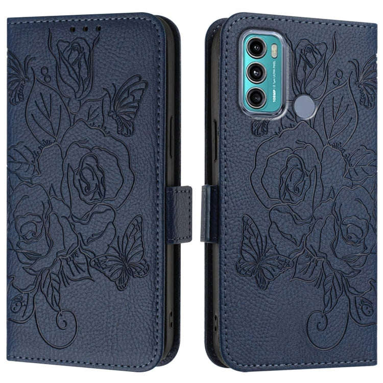 For Motorola Moto G60 / G40 Fusion Embossed Rose RFID Anti-theft Leather Phone Case(Dark Blue)