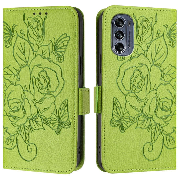 For Motorola Moto G62 5G Global Embossed Rose RFID Anti-theft Leather Phone Case(Green)