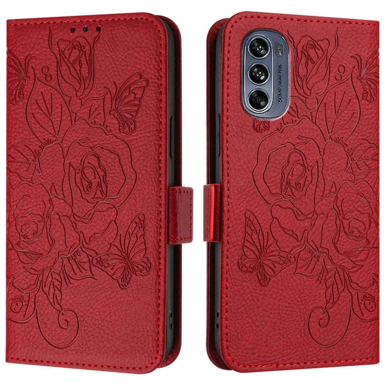 For Motorola Moto G62 5G Global Embossed Rose RFID Anti-theft Leather Phone Case(Red)