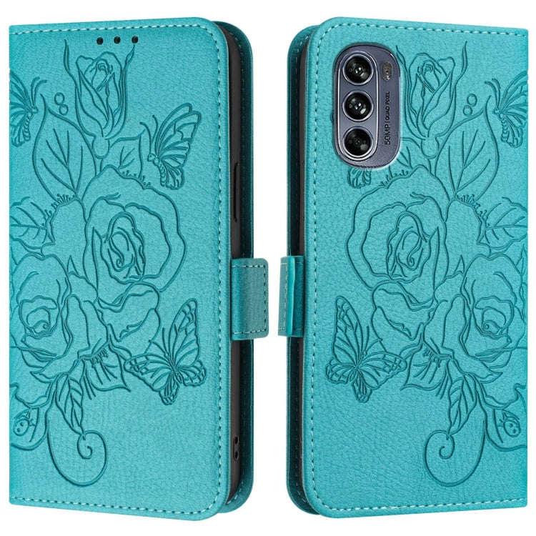 For Motorola Moto G62 5G Global Embossed Rose RFID Anti-theft Leather Phone Case(Light Blue)