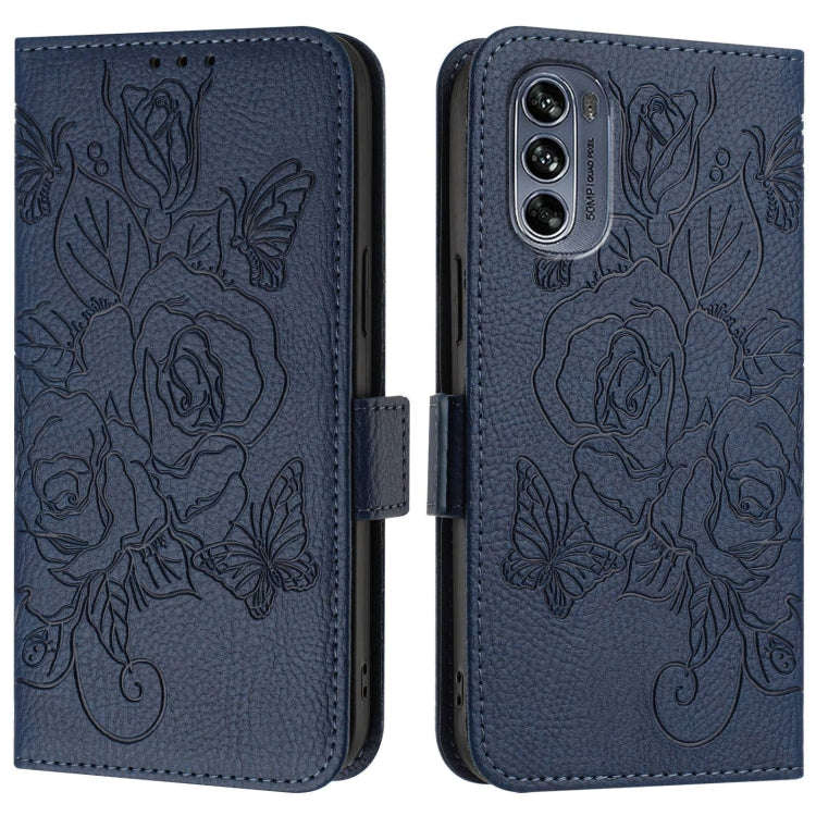 For Motorola Moto G62 5G Global Embossed Rose RFID Anti-theft Leather Phone Case(Dark Blue)