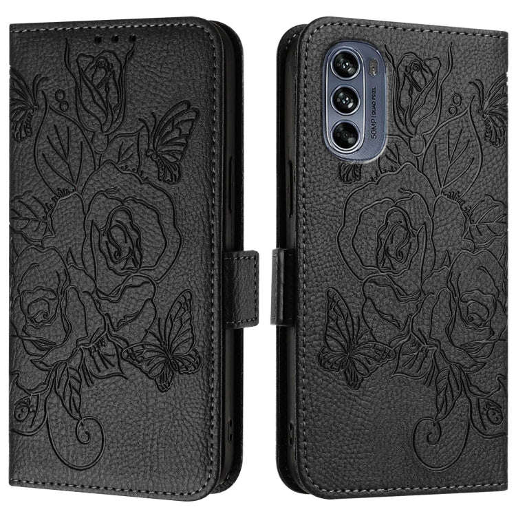 For Motorola Moto G62 5G Global Embossed Rose RFID Anti-theft Leather Phone Case(Black)
