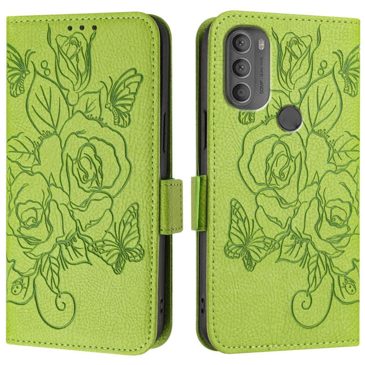 For Motorola Moto G71 Embossed Rose RFID Anti-theft Leather Phone Case(Green)