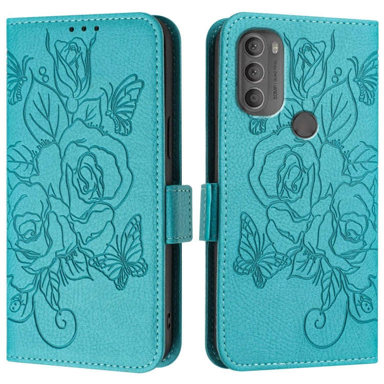 For Motorola Moto G71 Embossed Rose RFID Anti-theft Leather Phone Case(Light Blue)