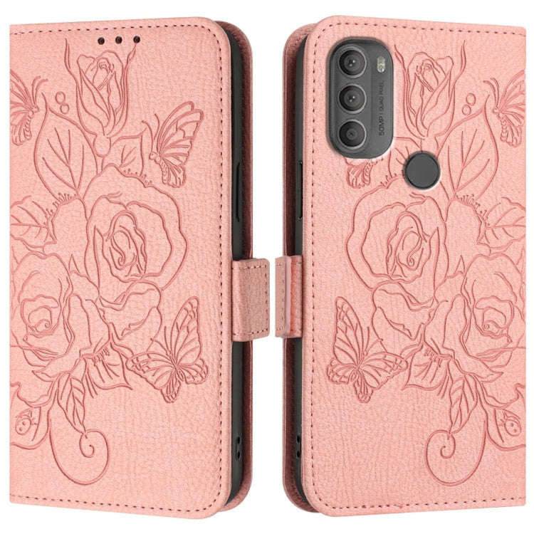For Motorola Moto G71 Embossed Rose RFID Anti-theft Leather Phone Case(Pink)