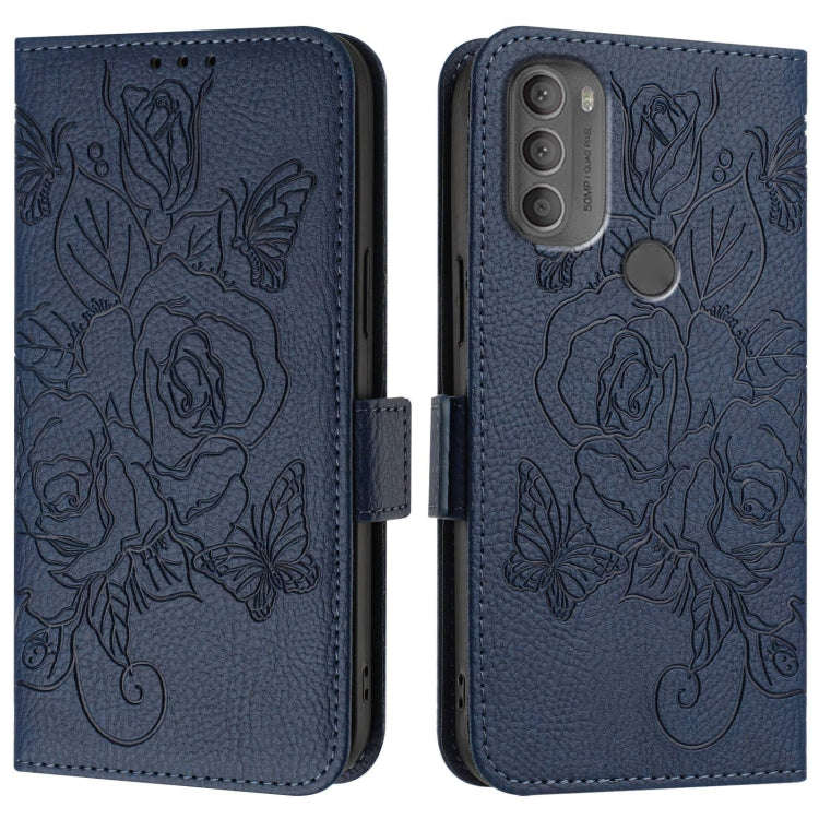 For Motorola Moto G71 Embossed Rose RFID Anti-theft Leather Phone Case(Dark Blue)