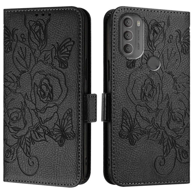 For Motorola Moto G71 Embossed Rose RFID Anti-theft Leather Phone Case(Black)