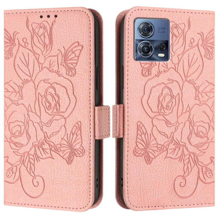 For Motorola Moto G72 Embossed Rose RFID Anti-theft Leather Phone Case(Pink)