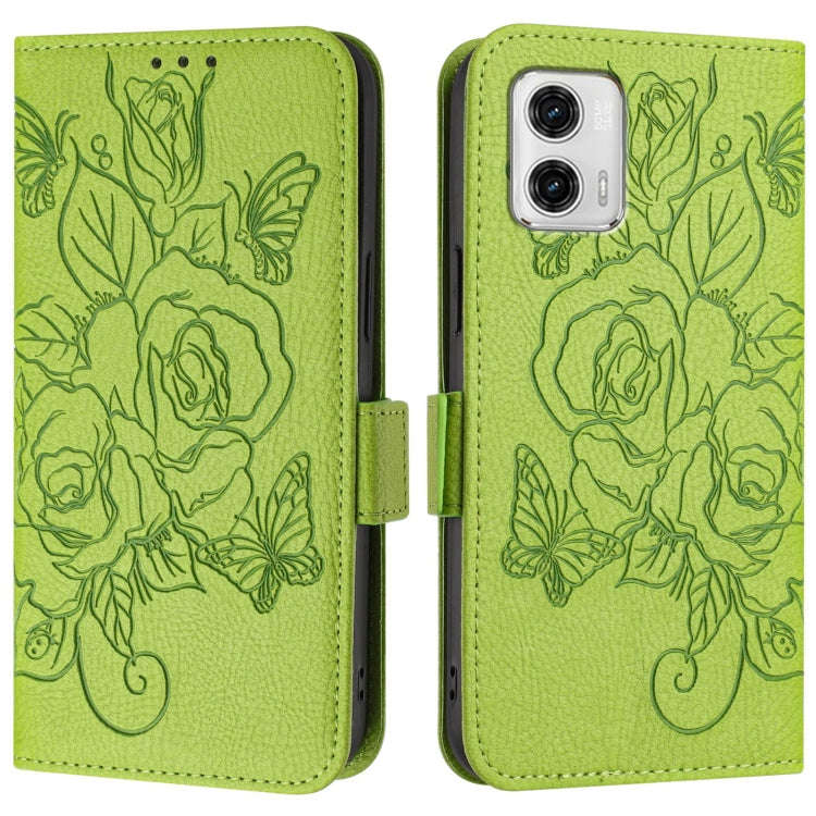 For Motorola Moto G73 Embossed Rose RFID Anti-theft Leather Phone Case(Green)