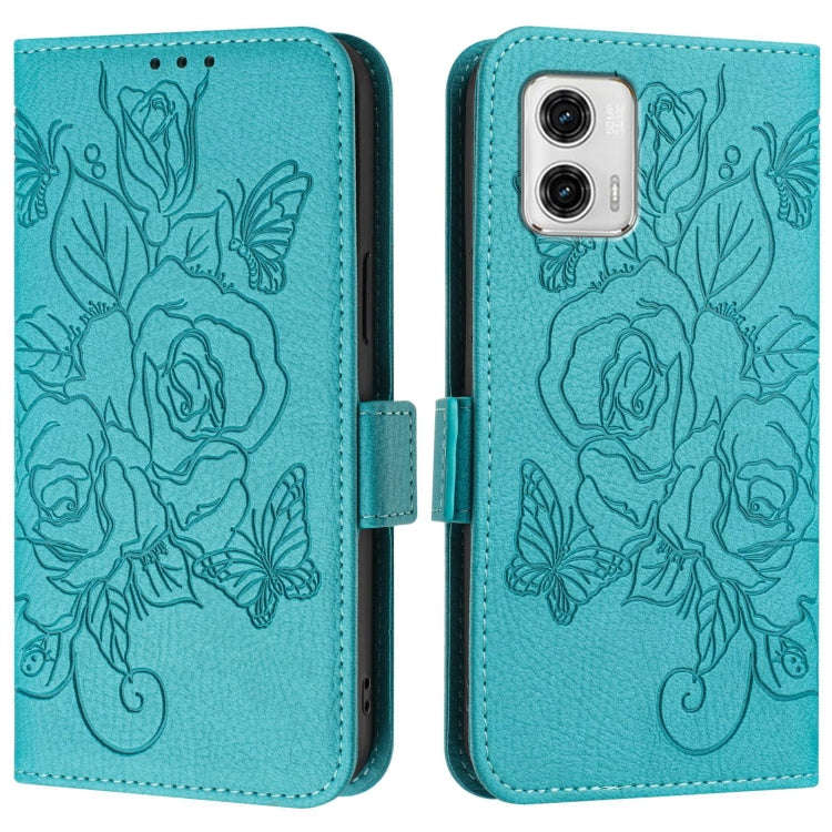 For Motorola Moto G73 Embossed Rose RFID Anti-theft Leather Phone Case(Light Blue)