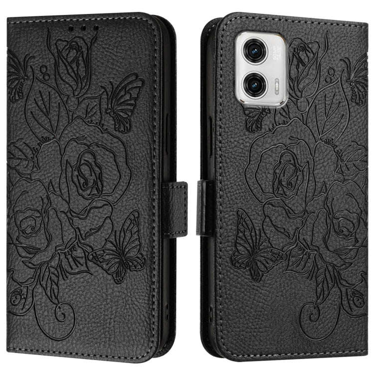For Motorola Moto G73 Embossed Rose RFID Anti-theft Leather Phone Case(Black)
