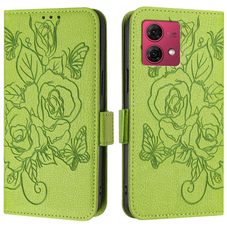 For Motorola Moto G84 5G Embossed Rose RFID Anti-theft Leather Phone Case(Green)