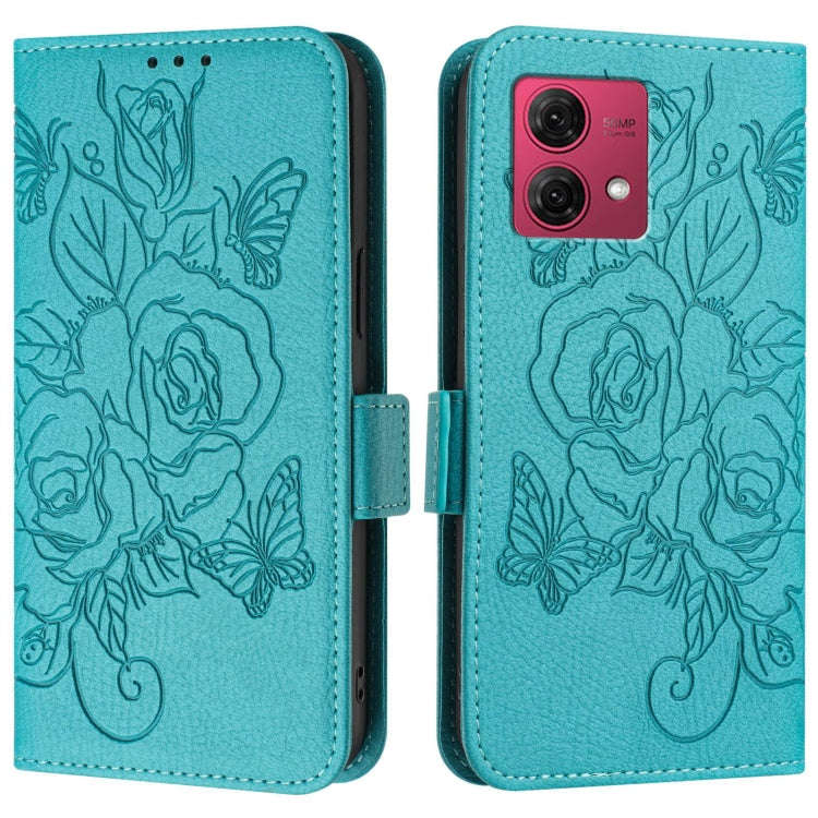For Motorola Moto G84 5G Embossed Rose RFID Anti-theft Leather Phone Case(Light Blue)