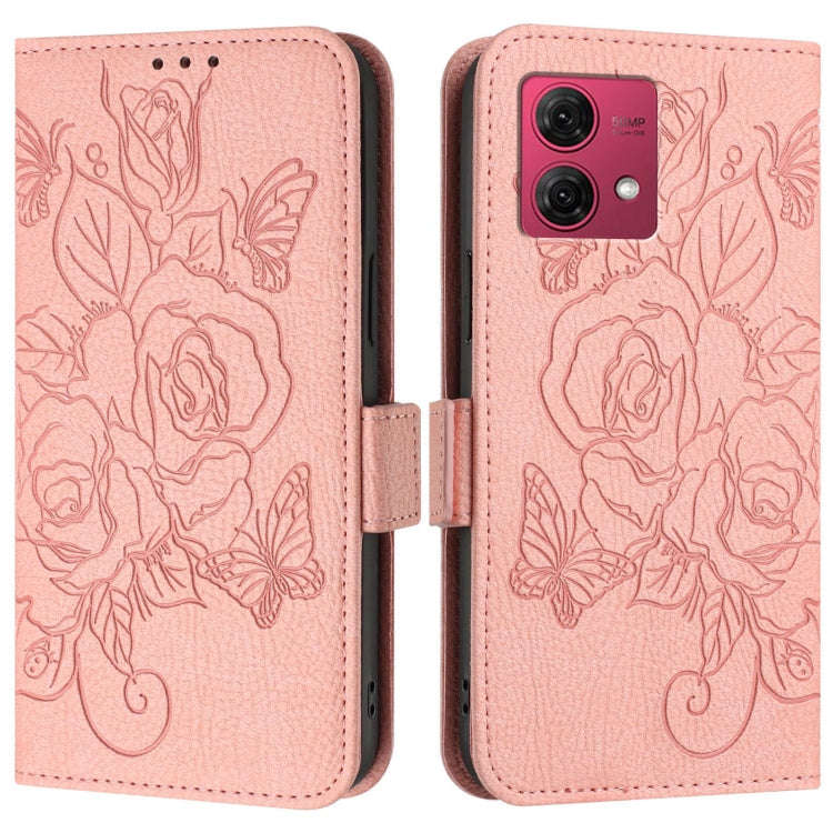 For Motorola Moto G84 5G Embossed Rose RFID Anti-theft Leather Phone Case(Pink)